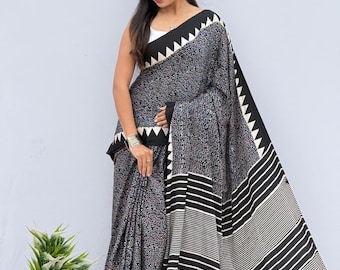 Sari de seda modal Ajrakh con blusa