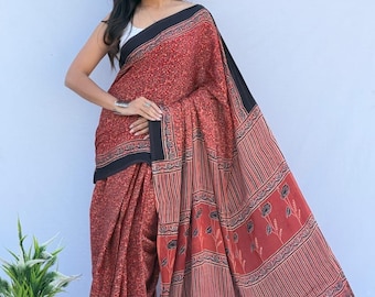 Ajrakh Modal Silk Saree with Blouse Piece