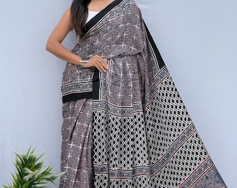 Sari de seda modal Ajrakh con blusa