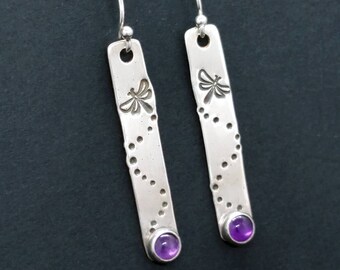 Dragonflies Sterling Silver Earrings with Amethyst Handmade Artisian Nature Insect Jewelry Rustic Gemstone Bridesmaid Genuine Gift