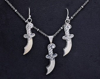 Sterling Silver Pirate Cutlass Pendant and Earrings Steampunk Boho Cosplay Handmade Jewelry Dagger Necklace Sword Earrings