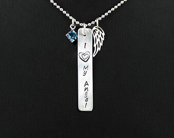 Angelman Syndrome Sterling Silver “I love My Angel” Necklace with Angel Wing Charm, Blue Crystal • Gift • Birthday • Heart Jewelry