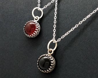 Carnelian or Onyx Sterling Silver Pendant Necklace, Gothic, Boho, Victorian, Macabre, Chic, Elegant, Valentines Gift, Red or Black Stone