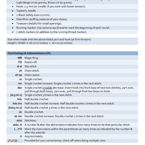 May include: A page from a crochet pattern with a list of materials, including yarn in various colors, a 2.5 mm hook, and safety eyes. The page also includes crochet terminology and abbreviations, with measurements of 7 inches by 10 inches.