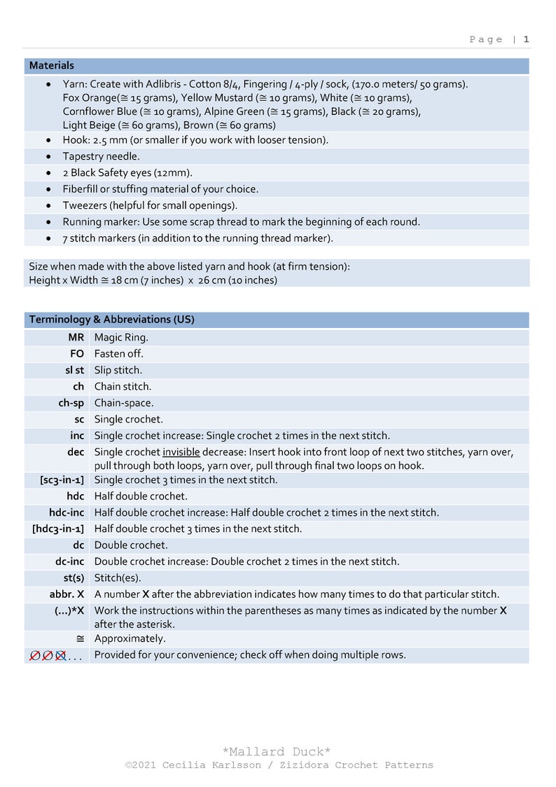May include: A page from a crochet pattern with a list of materials, including yarn in various colors, a 2.5 mm hook, and safety eyes. The page also includes crochet terminology and abbreviations, with measurements of 7 inches by 10 inches.