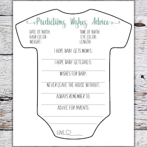 Baby Shower Predictions Wishes Advice Onesie Cards, Boy Girl Gender Neutral Printable Baby Shower