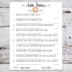 Baby Shower Lion Trivia Baby Shower Game, Lion Themed Boy Girl Gender Neutral Printable Baby Shower Game