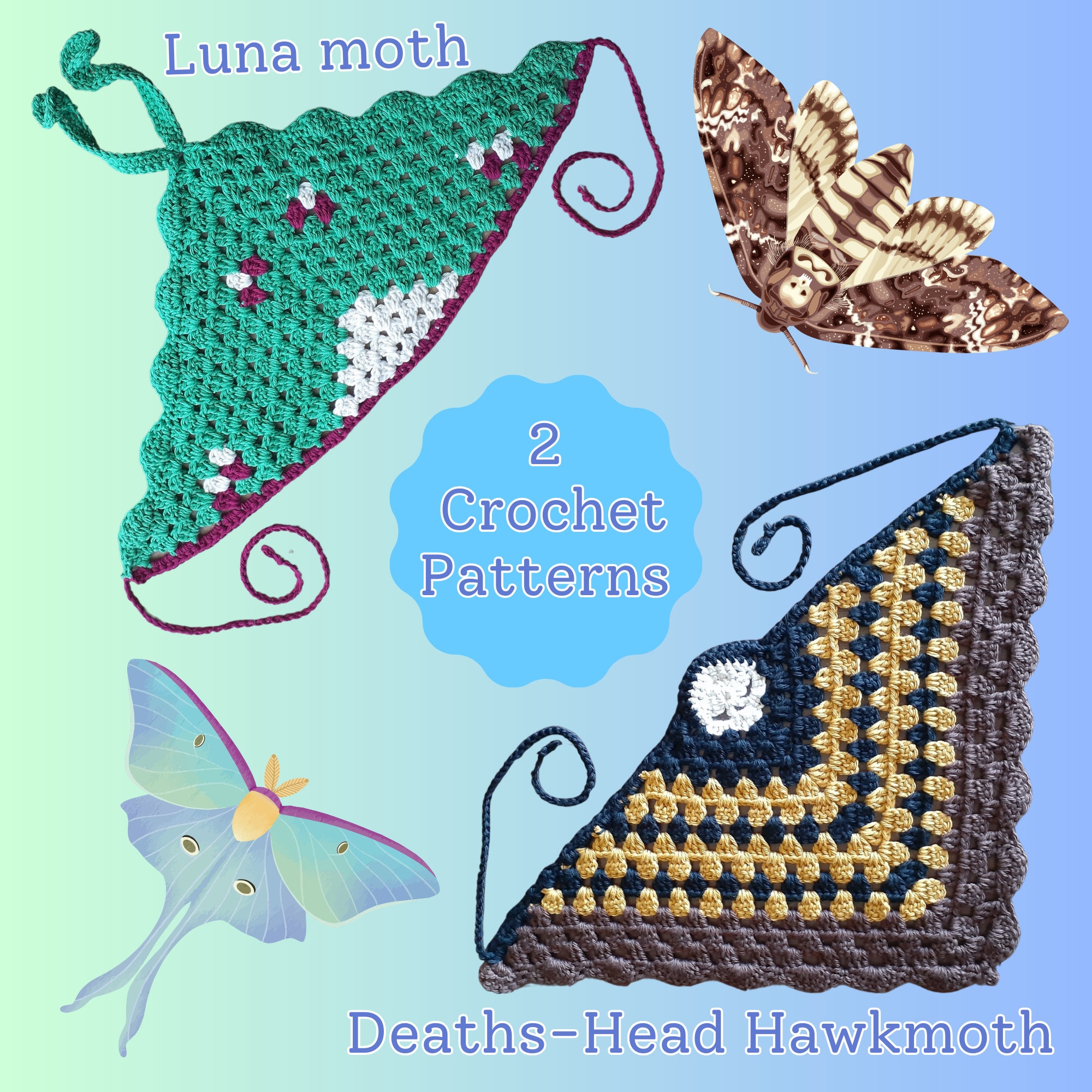 37 Moth Crochet Patterns for Amigurumi, Wearables, and Whimsical Home Decor 28 2 Moth Bandana Crochet Patterns: Luna & Death's-Head