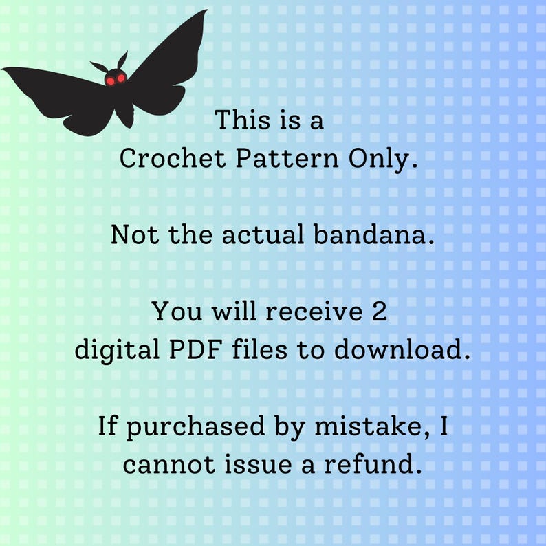 K&ouml;nnte beinhalten: Eine digitale H&auml;kelanleitung, nicht das eigentliche Bandana, steht zum Download bereit. Das Bild zeigt eine schwarze Mottenillustration mit roten Augen und Text auf blau-gr&uuml;nem Hintergrund. Die Anleitung wird als zwei PDF-Dateien geliefert.