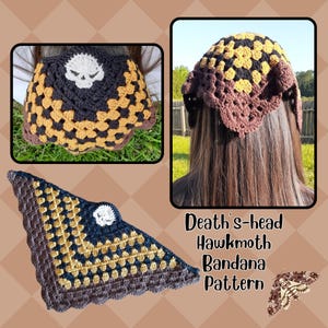 May include: A triangular crochet bandana featuring a black, gold, and brown granny square pattern with a white skull motif. The text "Death's-head Hawkmoth Bandana Pattern" is printed next to an illustration of a moth on the brown background.