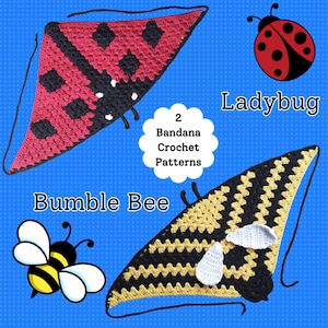 Op de afbeelding: Er worden twee gehaakte bandana-patronen getoond, één rood met zwarte stippen en de andere geel en zwart. De teksten "Ladybug" en "Bumble Bee" worden weergegeven. De afbeelding bevat ook een lieveheersbeestje en een bij.