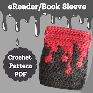 Może przedstawiać: Wzór na szydełku PDF na pokrowiec na czytnik e-booków lub książkę w kolorze czarnym i czerwonym. Pokrowiec ma wzór kroplą krwi.