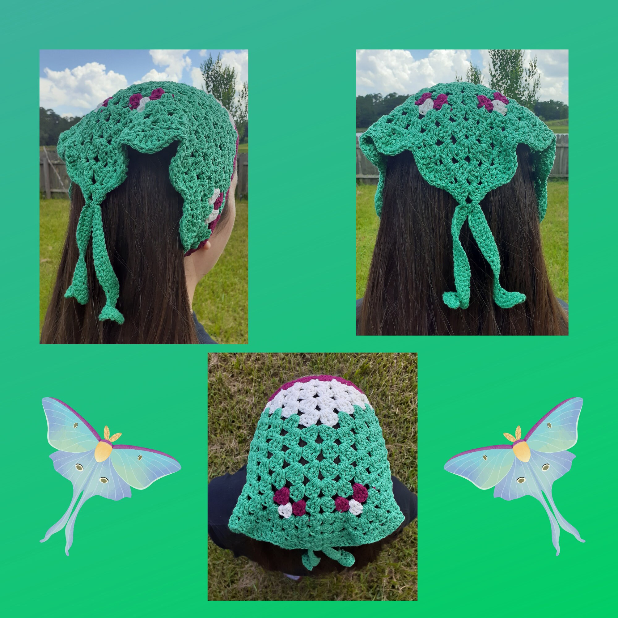 Handmade Crocheted Luna Moth Bandana – One Of A Kind 2 Moth Bandana Crochet Patterns: Luna & Death main image 4