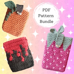 May include: PDF pattern bundle for crocheting three phone cases: a pumpkin, a strawberry, and a dripping blood design.