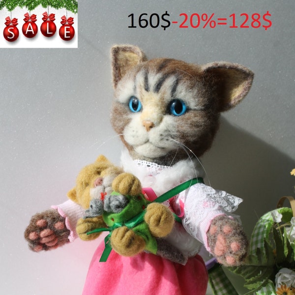 cute cat Mother and Baby, dry felting soft toy sculpture handmade toy fabric dressed toy woolen toy gift for her the figure of a cat, kitten