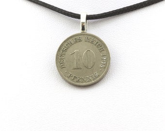 Collier pièce de monnaie Allemagne 10 pfennig - Wilhelm II. Cordon noir