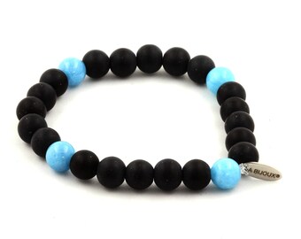 Matte black Onyx + blue Chalcedony Beads Bracelet 8 mm. Women's & Men's Bracelet. Gift for him. Gift for her