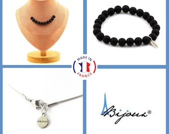 Parure Bracelet Collier 10 perles Onyx noir mat 8 mm chaine en acier inoxydable. Taille personnalisable. Fabriqué en France.