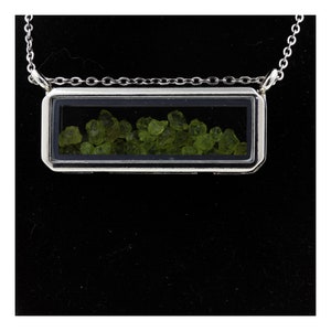 Raw Peridot necklace, rectangle model. Original natural stone pendant. Mineral jewelry.