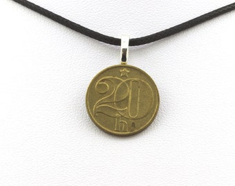 Collier pièce de monnaie Tchécoslovaquie 20 haléřů. Cordon noir