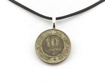 Collier pièce de monnaie Belgique 10 centimes - Léopold Ier. Cordon noir