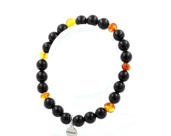 Bracelet Perles Ambre véritable de la mer Baltique + Agate noire 8 mm. Bracelet Femme & Homme. Cadeau pour lui. Cadeau pour elle.