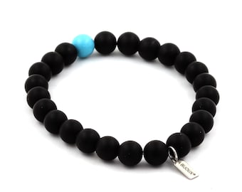Bracelet Perles Onyx noir mat + Turquoise 8 mm. Bracelet Femme & Homme. Cadeau pour lui pour elle