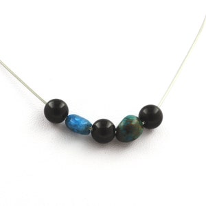 8 mm black Agate beaded necklace + Chrysocolla from the USA + Blue Apatite from Brazil, stainless steel chain. Necklace for men and women