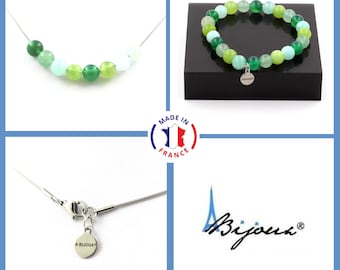 Beaded Bracelet Necklace Set Green Agate + Aventurine + Peridot + Angelite 8 mm stainless steel chain. Customizable size.