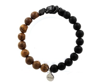 Pulsera Schorl Turmalina de Brasil + Cuentas de Ónix negro mate + Madera de 8 mm. Pulsera para mujer y hombre. Regalo para él. Regalo para ella.