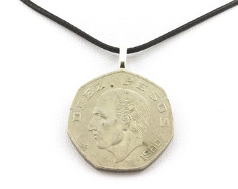 Collier pièce de monnaie Mexique 10 pesos Miguel Hidalgo. Cordon noir