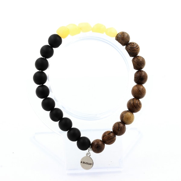 Bracelet Calcite jaune du Royaume-Uni + Perles Onyx noir mat + bois 8 mm. Bracelet Femme & Homme. Cadeau pour lui. Cadeau pour elle.