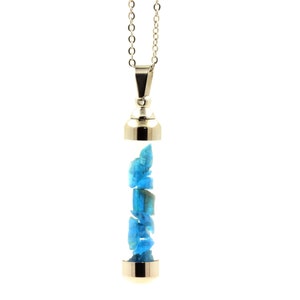 Raw neon blue Apatite necklace tube model 50 mm. Original natural stone pendant. Mineral jewelry.