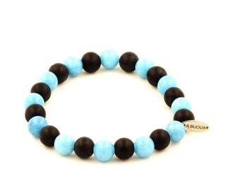 Blue Chalcedony Beads Bracelet + Matte Black Onyx 8 mm. Women's & Men's Bracelet. Gift for him. Gift for her.