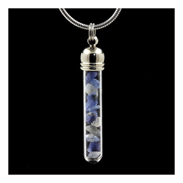 Tube-shaped Benitoite crystal necklace. Original natural stone pendant. Mineral jewelry.