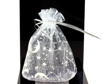 Organza gift bags. White color silver star moon pattern. 10/20/50/100PCS. Organza jewelry pouches. Wedding party gift.