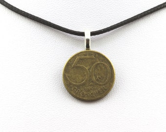 Collier pièce de monnaie Autriche 50 groschen. Cordon noir