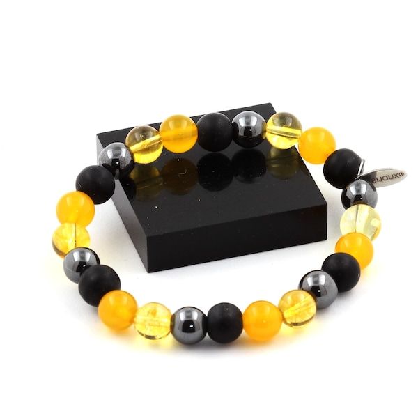 Bracelet Perles Hématite + Onyx noir mat + Citrine + Agate jaune 8 mm. Bracelet Femme & Homme. Cadeau pour lui. Cadeau pour elle