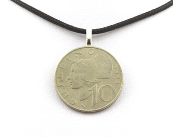 Collier pièce de monnaie Autriche 10 schilling. Cordon noir