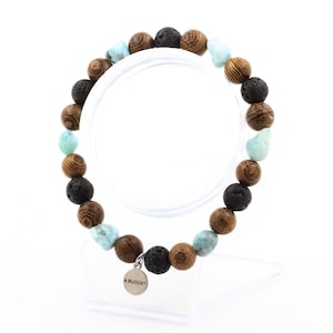 Pulseira Larimar República Dominicana + Contas Lava + madeira 8 mm. Tamanho personalizável. Fabricado na França. Pulseira feminina e masculina.