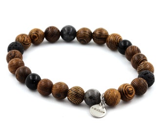 Bracelet Beads Black Obsidian + Lava + Labradorite + wood 8 mm. Women's & Men's Bracelet. Gift for him for her