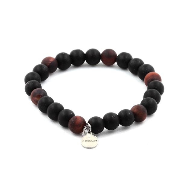 Bracelet Perles Oeil de Tigre rouge mat + Onyx noir mat 8 mm. Bracelet Femme & Homme. Cadeau pour lui. Cadeau pour elle.