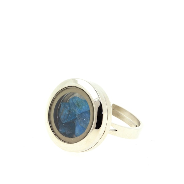 Bague Apatite bleu neon brut. Taille ajustable pierres naturelles. Bijoux minéraux.