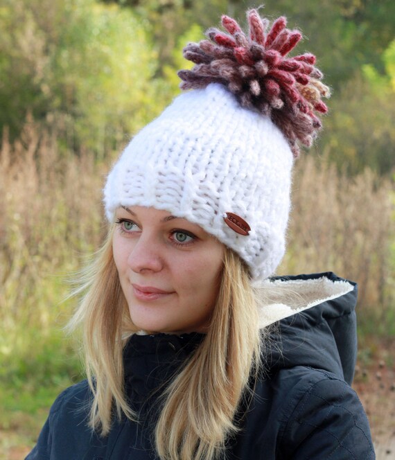 Chunky Knit Hat / Womans pom pom hat / Hand Knit Hat / Knit Etsy