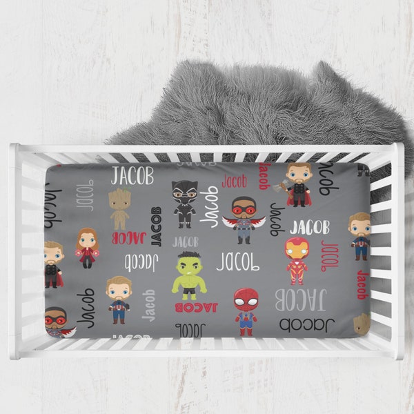 Personalized crib sheet, Personalized Marvel Sheet, Marvel Crib Sheet, Marvel Nursery, Spider Man, Hulk, Thor, Groot, Avengers Nursery