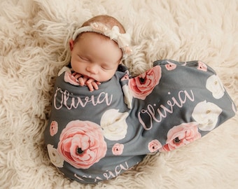 Personalized Swaddle Blanket, Personalized blanket, girl roses name blanket, personalized floral blanket, Name Swaddle, Rose Beanie Hat