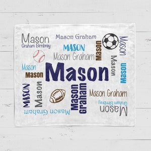 Personalize Sports Blanket, Personalize baby blanket, baby name blanket, Personalized baseball football soccer sports navy blue green