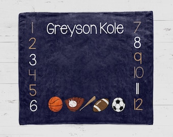 SALE Personalized Baby Blanket monthly, Baby Blanket, Name Blanket, Month picture blanket, boy milestone, personalized sports blanket