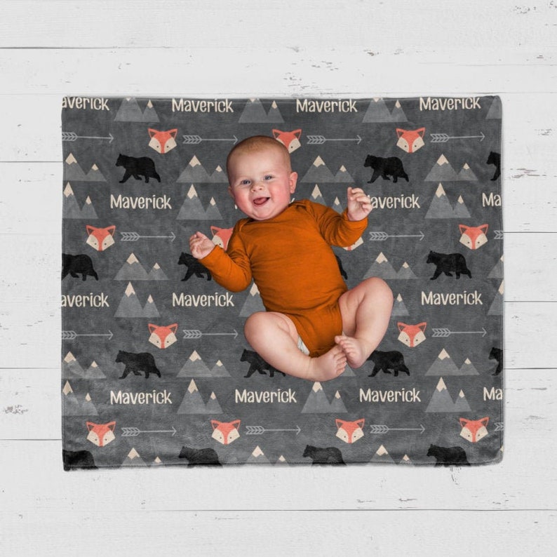 SALE Personalize swaddle blanket, baby name blanket, black bear blanket, fox blanket, tribal blanket, baby boy blanket, mountain blanket 50x60 Velvet Plush