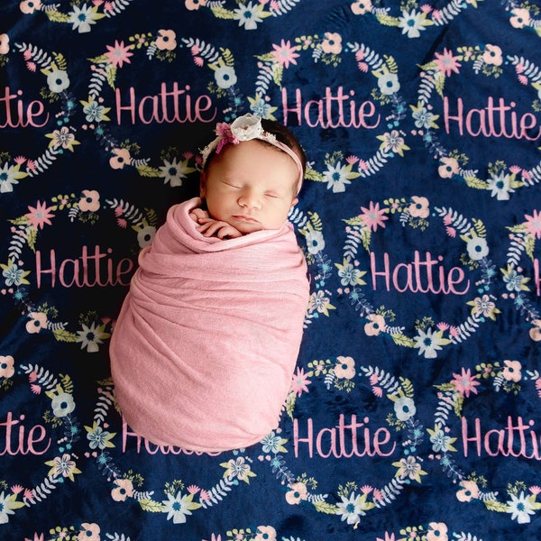 FLASH SALE! Floral Pattern, Personalized boho blanket, baby girl boho name blanket, coral and navy and aqua, personalized floral blanket